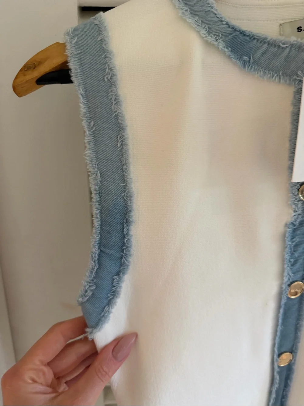 Sandro White Top with Light Blue Frayed Trim and Gold Buttons